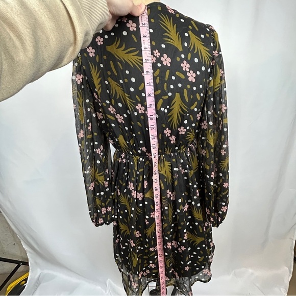 Vero Moda Black Pink Floral Sheer Long Sleeve V Neck Dress Size Medium - Picture 9 of 14